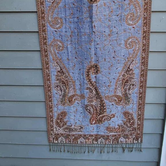 Denim Blue Brown Gold Pashmina & Skilk Pashmina - Picture 2 of 15